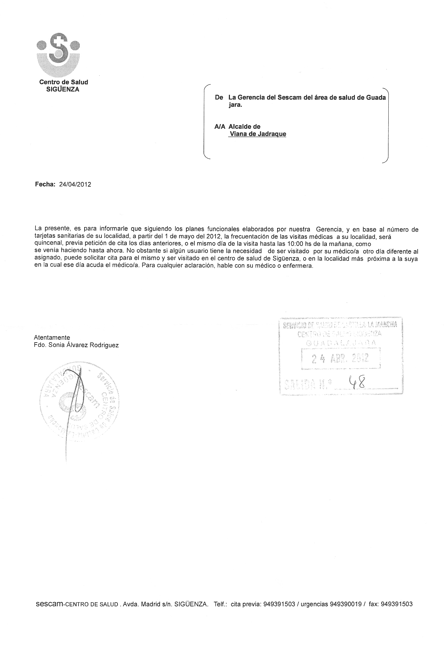 Carta recibida del SESCAM el 26 de abril de 2012