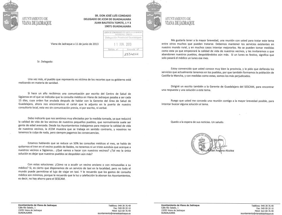Carta dirigida al Delegado de JCCM en Guadalajara