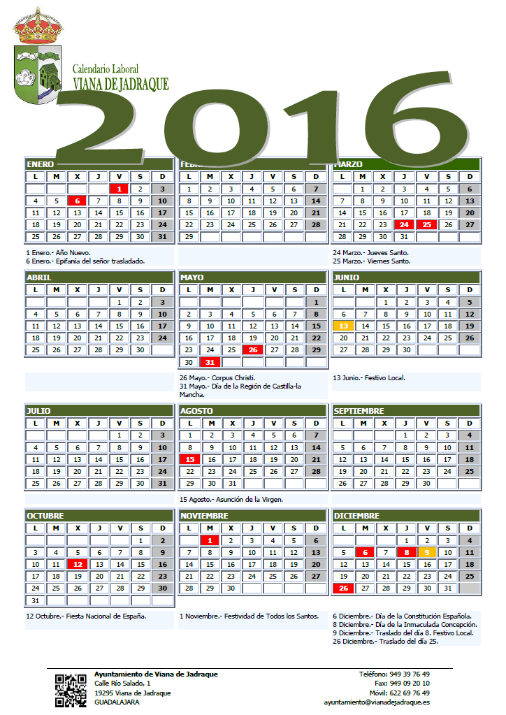 Calendario Laboral 2016 de Viana de Jadraque