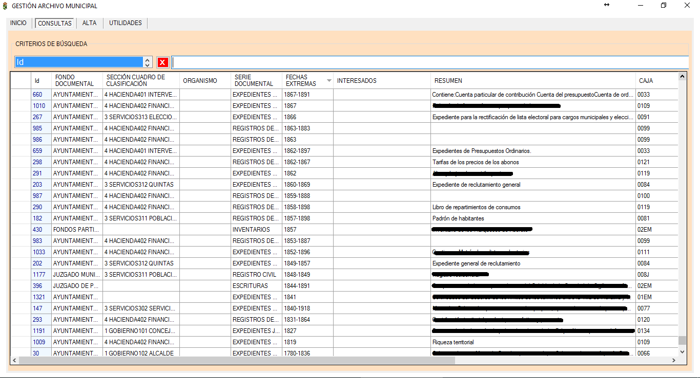 Base de datos del Archivo Municipal Digitalizado